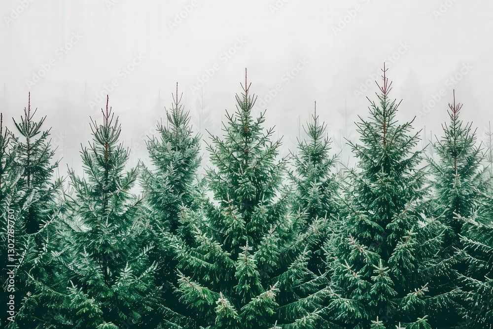 Obraz premium A serene forest scene featuring tall evergreen trees shrouded in mist, creating a tranquil and atmospheric setting.