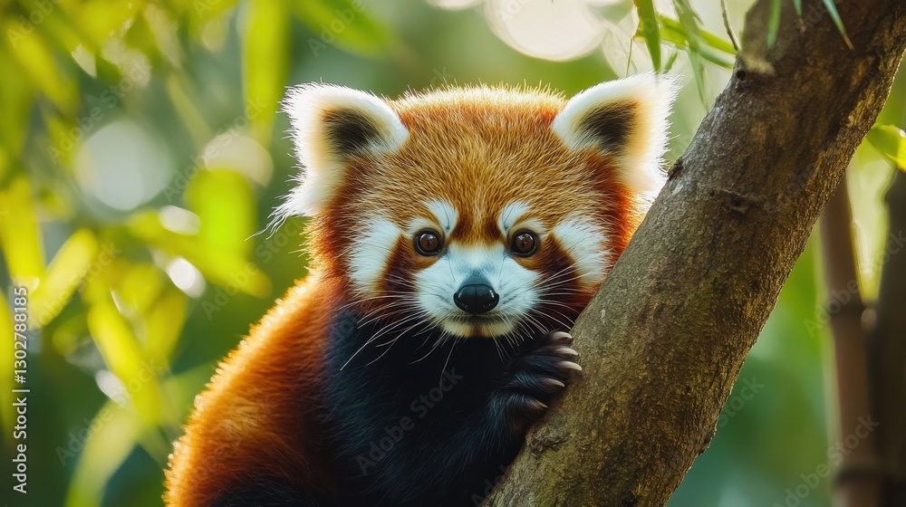 Fototapeta premium Adorable Red Panda Relaxing on a Tree Branch in Lush Greenery