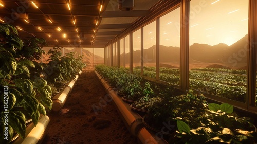 A high-tech greenhouse dome on Mars, with rows of lush green plants, illuminated by artificial sunlight