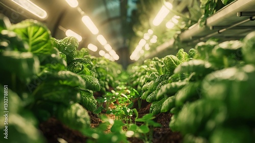 A greenhouse dome on Mars, filled with rows of lush green plants, illuminated by artificial sunlight