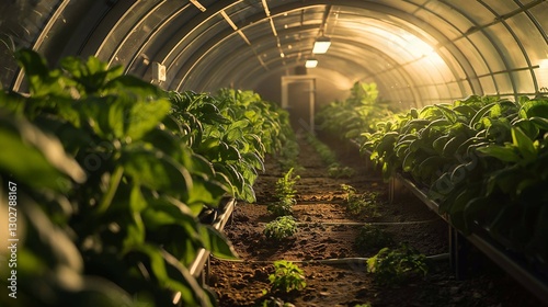 A high-tech greenhouse dome on Mars, filled with rows of lush green plants, by artificial sunlight