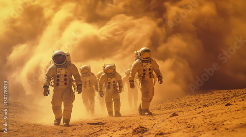 A group of astronauts in space suits walking on the surface of Mars, with a dust storm visible in the distance
