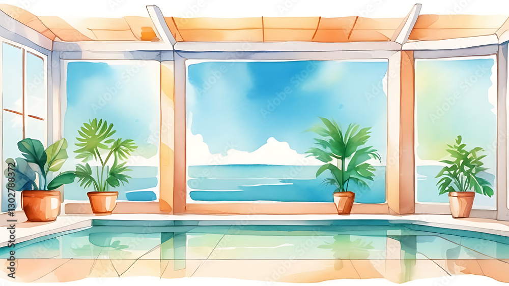 Fototapeta premium Indoor Swimming Pool with Ocean View in Watercolor Style Illustration