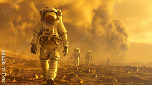 A group of astronauts in space suits walking on the surface of Mars, with a massive dust storm visible in the distance