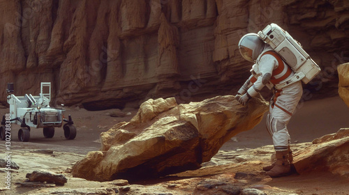 A scientist astronaut in a space suit examining a strange rock formation on Mars, with a rover standing nearby