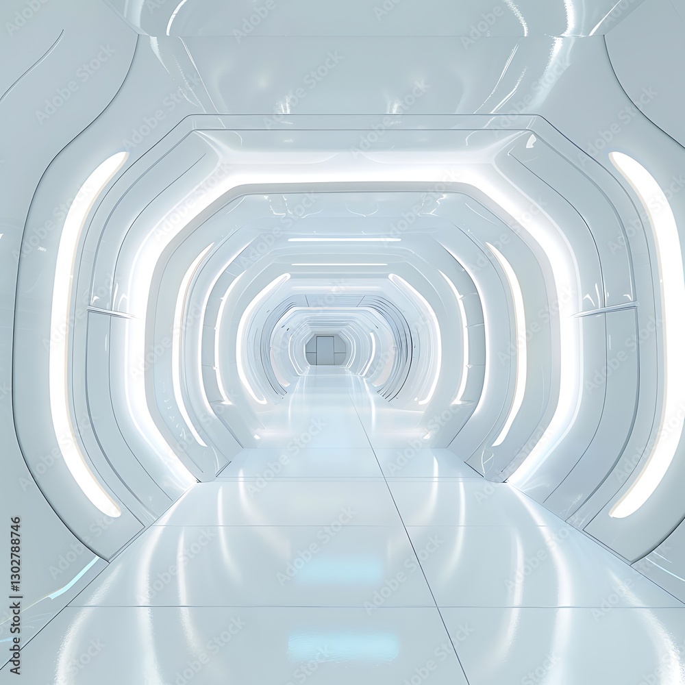 Fototapeta premium Clean white futuristic corridor with smooth, curved walls and bright lights. Minimalist and modern abstract architectural space.