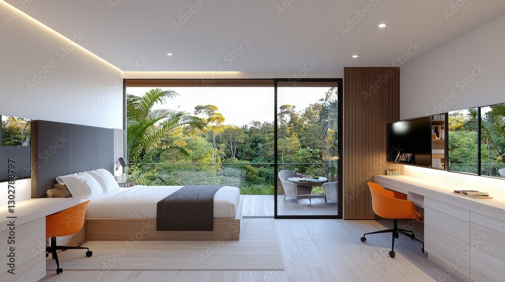 Fototapeta premium Modern bedroom with large windows showcasing serene outdoor views and natural light