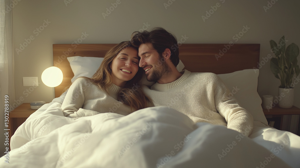 Fototapeta premium Cozy Bedroom Bliss , Couple Under White Duvet, Wooden Platform Bed, Minimalist Decor, Nightstands, Table Lamps, Hardwood Floor, Light Gray Walls, Comfortable Mattress, Cheerful Smiles, Hygge Style