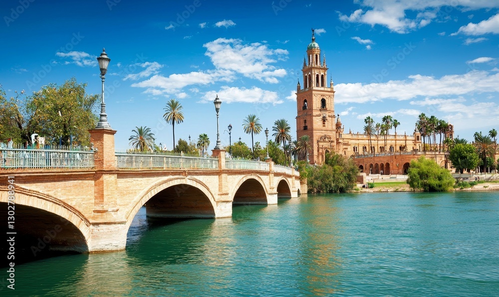 Fototapeta premium Seville Spain, bridge over canal, church, blue sky, summer tourism