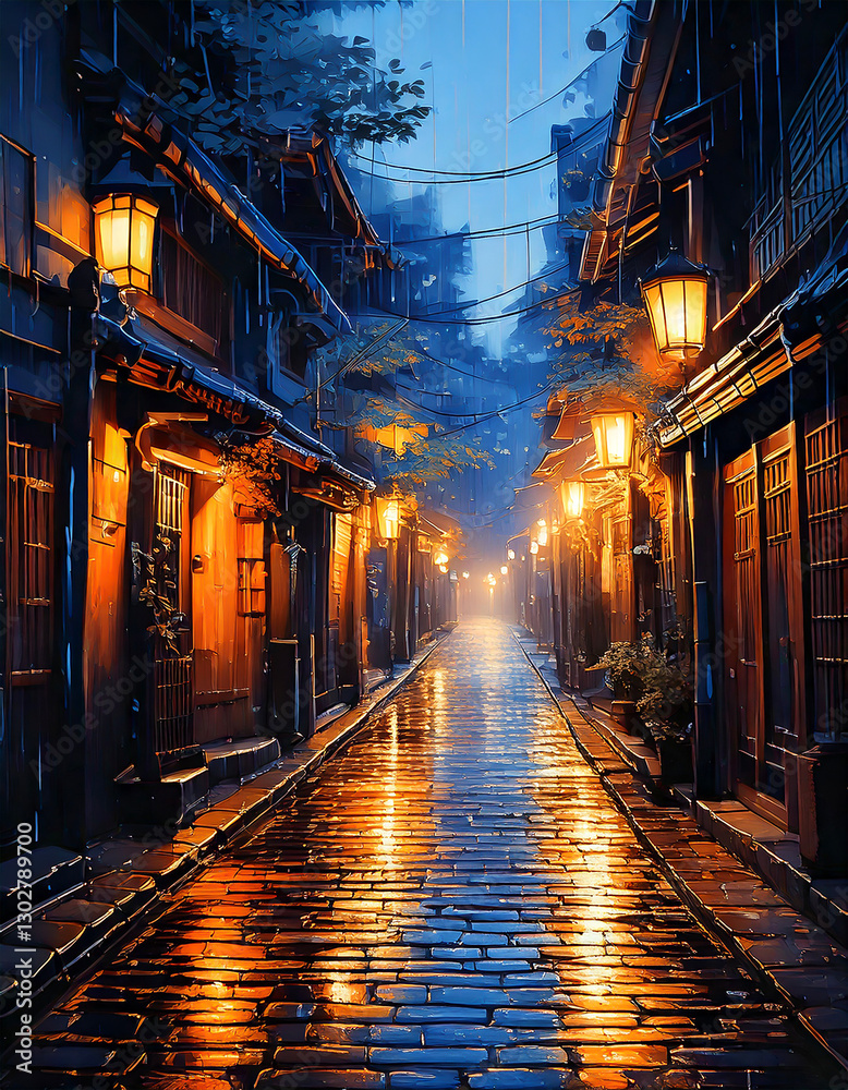 Old Japanese Town Alley with Streetlights and Rain Old Japanese Town Alley with Streetlights and Rain