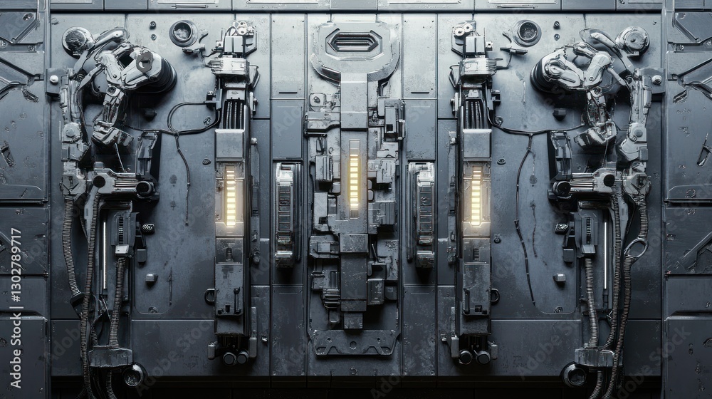 Futuristic control panel featuring intricate machinery and glowing lights in a sci-fi setting Futuristic control panel featuring intricate machinery and glowing lights in a sci-fi setting