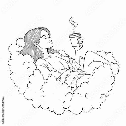 Illustration of a girl drinking coffee while lying down deeply in a cloud, the human figure is not clearly visible, and a coffee is held in her hand hanging outward.simple, one line drawing

