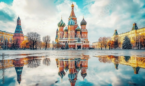 St. Basil's Cathedral reflected in puddle, Red Square, Moscow, winter cityscape, tourism