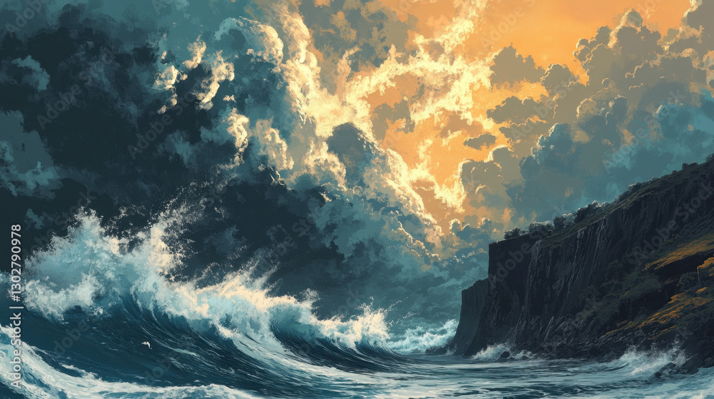 Fototapeta premium Epic Ocean Storm: Captivating Dramatic Seascapes with Colorful Sky