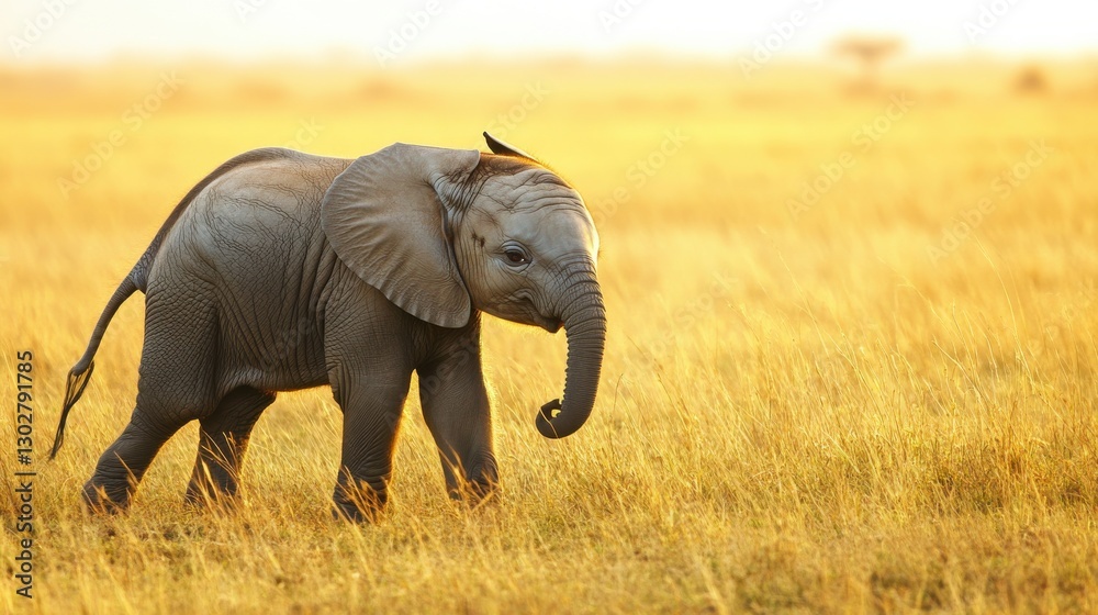 Fototapeta premium Baby Elephant Walking Through Golden Grasslands at Sunrise