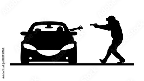 Police detain criminal in car, black isolated silhouette