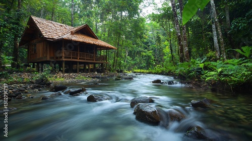 Wooden cabin by a flowing river in a lush green forest.