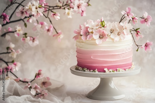 A beautifully decorated pink ombre cake adorned with delicate cherry blossoms, displayed on a cake stand, creating an elegant and romantic aesthetic.