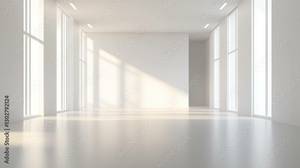 Fototapeta premium Bright, minimalistic empty interior with large windows, showcasing warm sunlight and a modern aesthetic, ideal for creative projects and lifestyle imagery