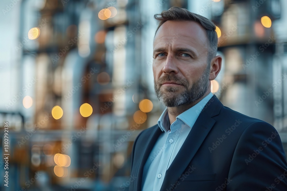 Confident and Determined Man in Suit Standing in Front of a Large Industrial Building Confident and Determined Man in Suit Standing in Front of a Large Industrial Building