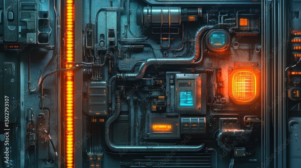 Futuristic industrial panel with glowing elements, intricate piping, and digital displays in a tech environment