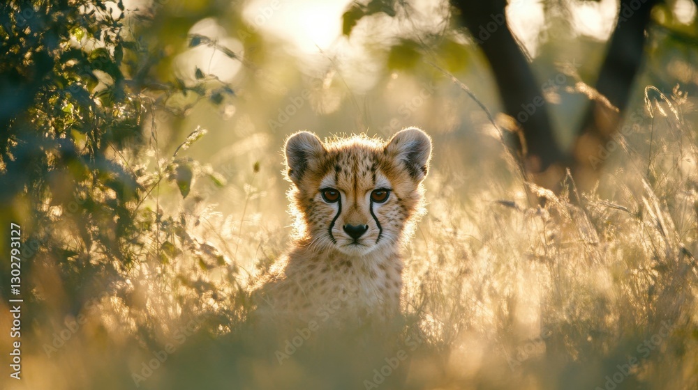 Obraz premium Cheetah Cub Sitting Among Tall Grass in Warm Golden Light