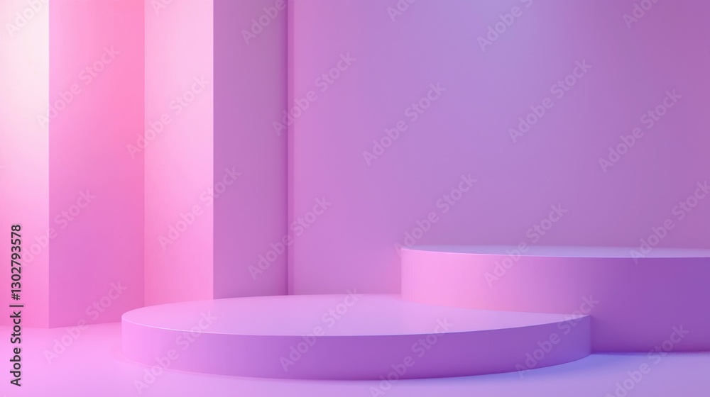Vibrant pink exhibition space with circular platforms and modern design elements for art displays