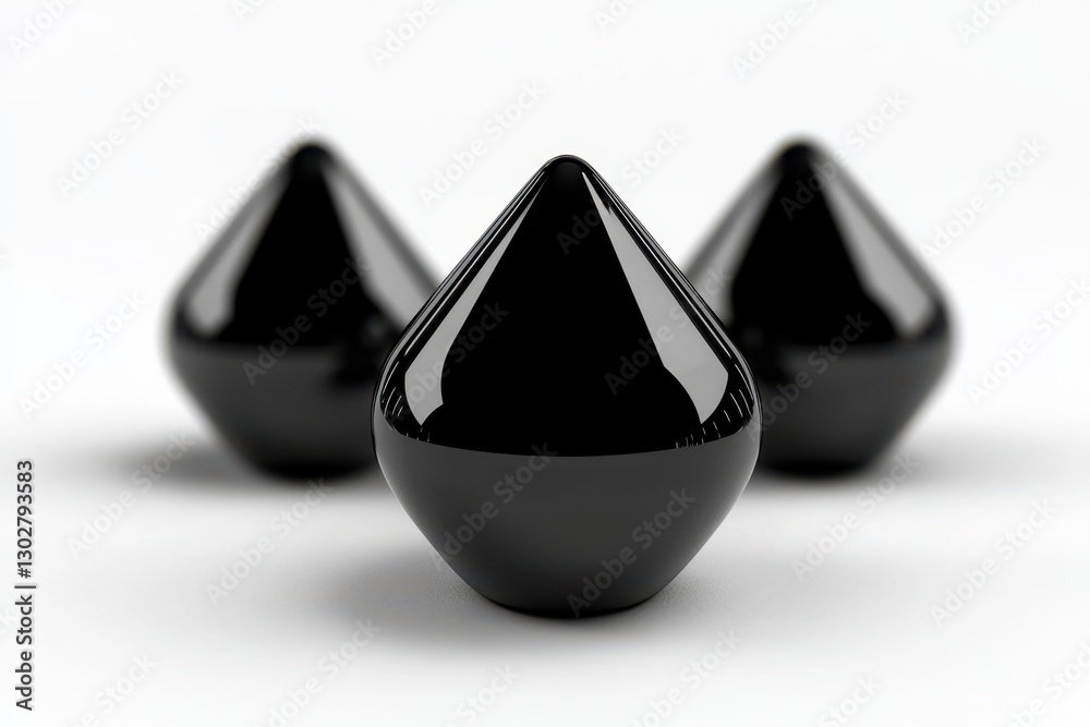 Three glossy black conical shapes arranged in a row, set against a clean white background, exuding a modern and minimalist aesthetic. Three glossy black conical shapes arranged in a row, set against a clean white background, exuding a modern and minimalist aesthetic.
