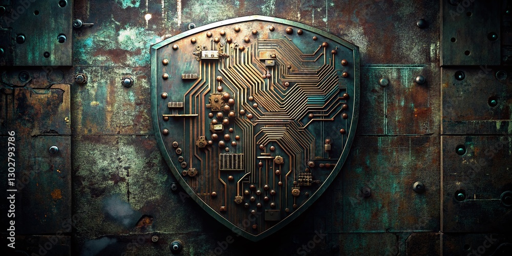 Fototapeta premium Urban Decay Antivirus Shield & Chip Logo Concept: Grunge Tech Security