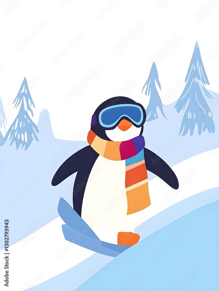 Obraz premium Funny cartoon penguin snowboarding down snowy mountains, wearing colorful winter gear and sunglasses, capturing the spirit of fun, adventure, and winter sports in a playful illustration.