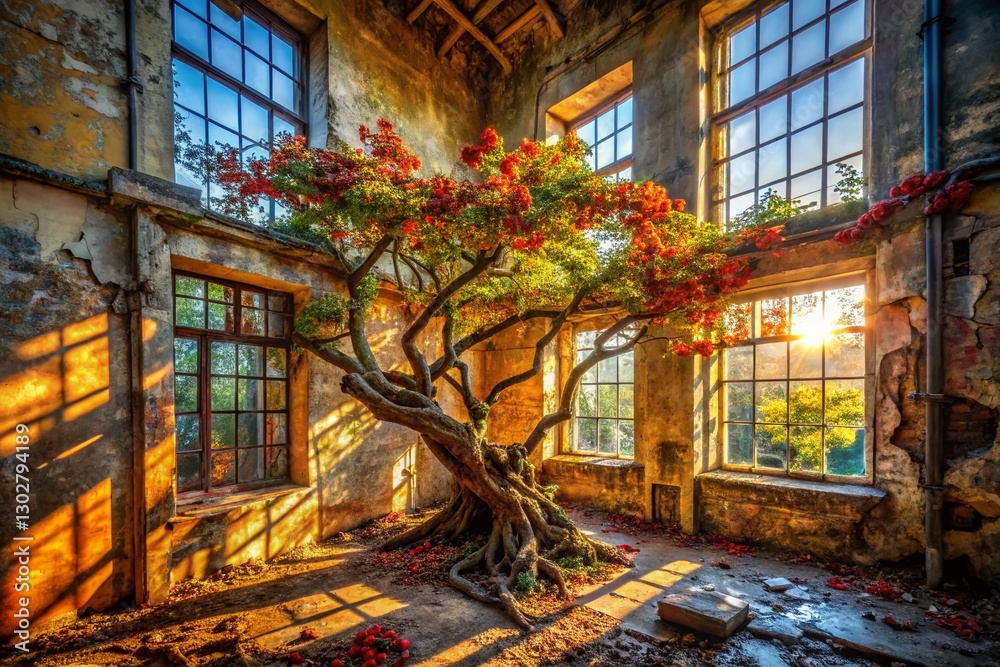 Fototapeta premium Urban Decay: Hawthorn Tree in Abandoned Building - Stock Photo