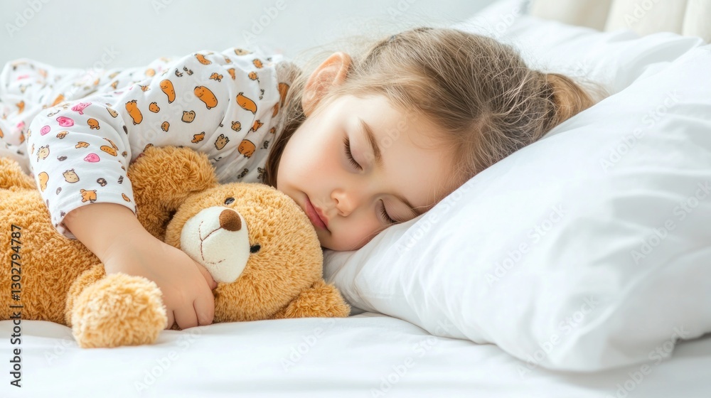 A little girl sleeping in bed soundly with her teddy bear while wearing a blanket, hugging it tightly and looking peaceful while in dreamland with a white background of her room A little girl sleeping in bed soundly with her teddy bear while wearing a blanket, hugging it tightly and looking peaceful while in dreamland with a white background of her room