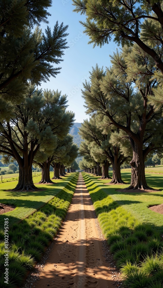 Syrian Olive Groves line picturesque dirt path, inviting exploration amid lush greenery and vibrant nature. Concept focuses on Syrian Olive Groves, representing tranquility and growth Syrian Olive Groves line picturesque dirt path, inviting exploration amid lush greenery and vibrant nature. Concept focuses on Syrian Olive Groves, representing tranquility and growth