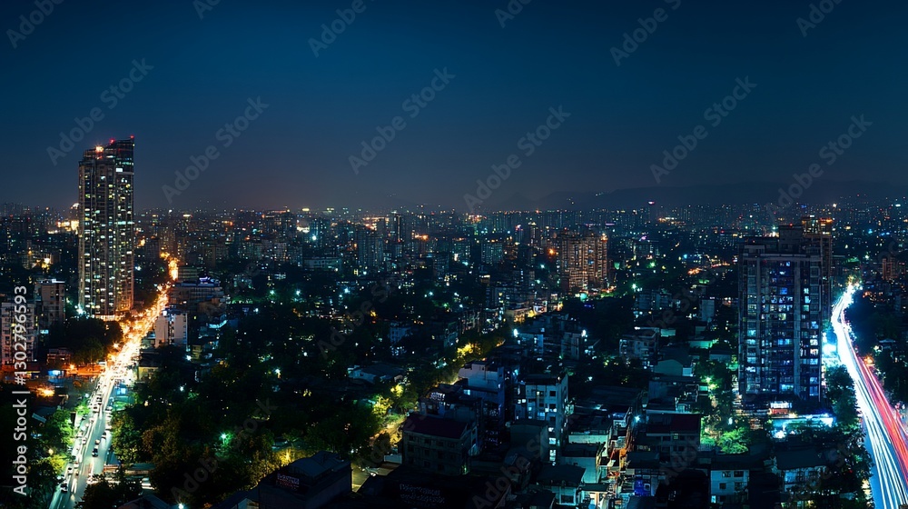 Obraz premium Nighttime aerial view of a bustling city with illuminated buildings and car light trails