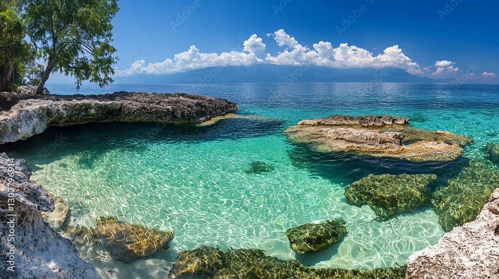 Fototapeta premium Idyllic turquoise cove with clear water, rocks, and a tree.