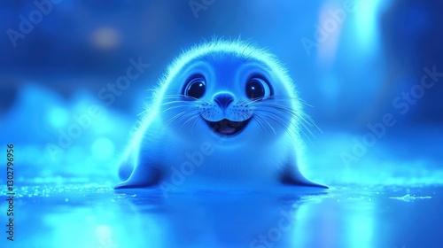 Cute Baby Seal Smiling in Blue Tones with Ice Background