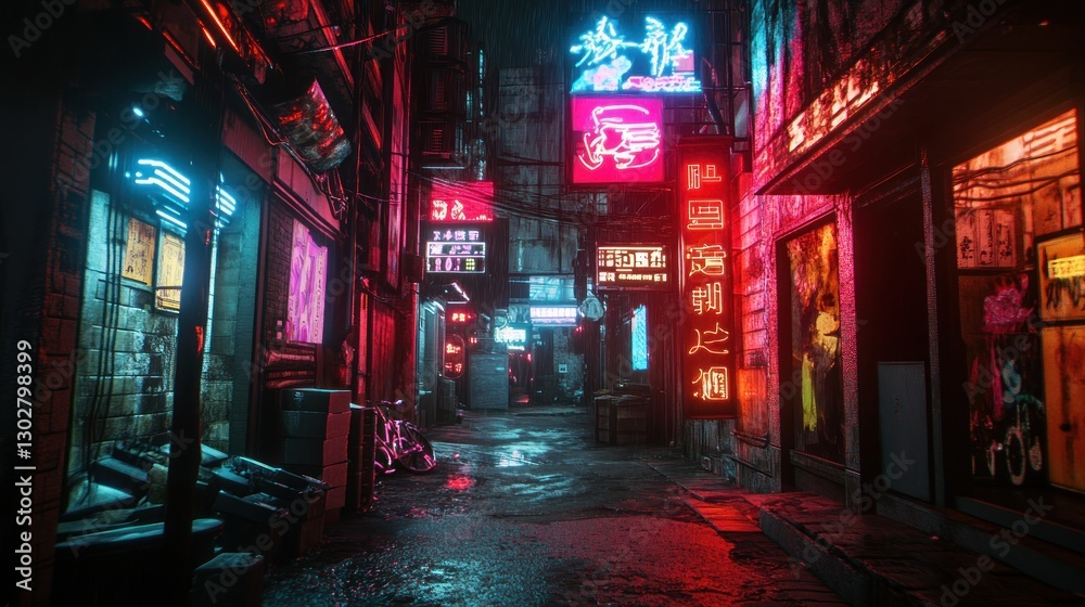 Neon-lit alleyway at night with vibrant signs, rain-soaked streets, and urban atmosphere Neon-lit alleyway at night with vibrant signs, rain-soaked streets, and urban atmosphere