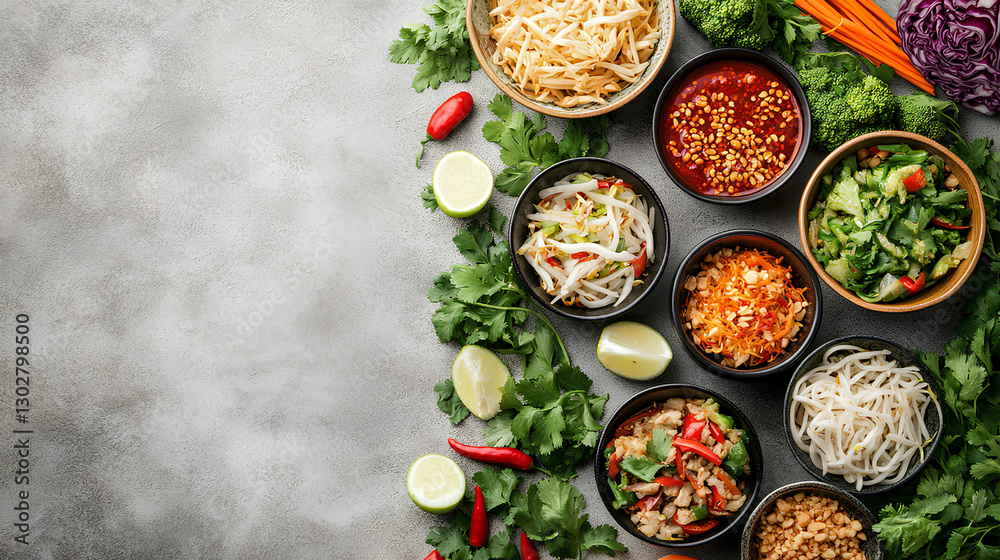 A variety of Asian dishes with fresh ingredients, including soups, rice, spices, and herbs, arranged on a textured background A variety of Asian dishes with fresh ingredients, including soups, rice, spices, and herbs, arranged on a textured background