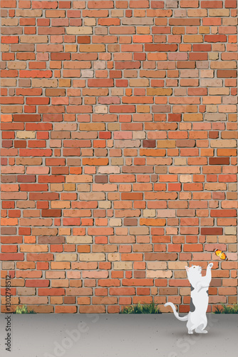 A cat playing with butterfly on sidewalk have old brick wall vertical background graphic illustration have blank space.