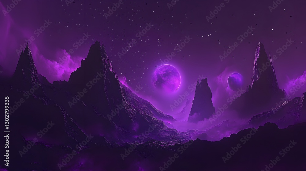 Obraz premium Ethereal Purple Mountains Under Cosmic Night Sky with Planets
