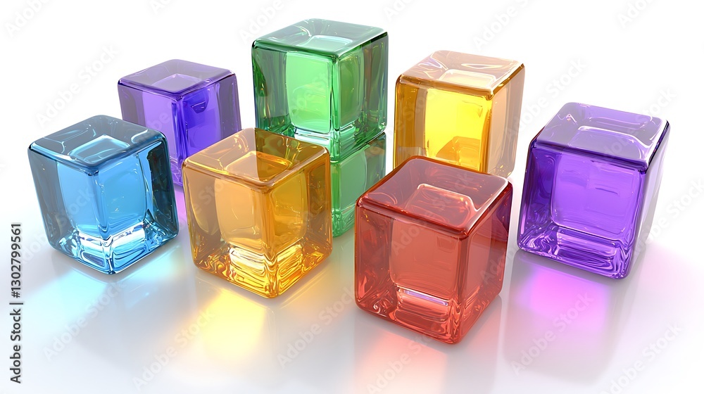 Vivid, multicolored translucent cubes arranged, casting shadows on a clean white surface Vivid, multicolored translucent cubes arranged, casting shadows on a clean white surface