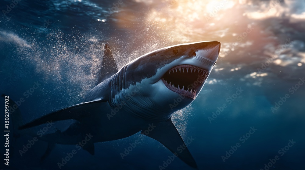 Fototapeta premium Great white shark swimming through the ocean depths with open jaws.
