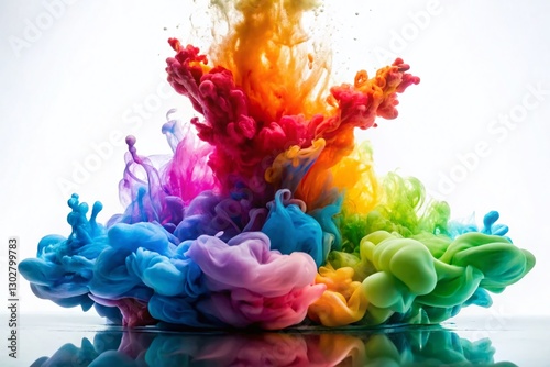 Vibrant Ink Drop Underwater Explosion, Colorful Fluid Art, Abstract Water Splash, Isolated White Background