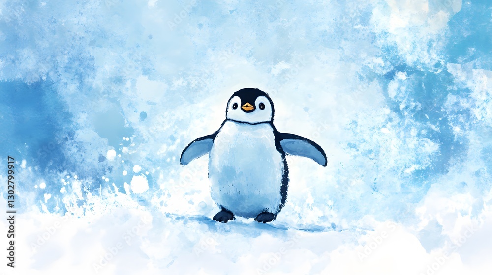 Fototapeta premium Cute Penguin Standing on Snowy Background with Blue Texture