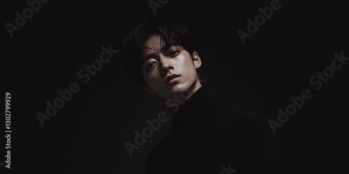 Pensive Asian Man Dramatic Lighting Portrait Dark Background Stylish Turtleneck Serious Expression