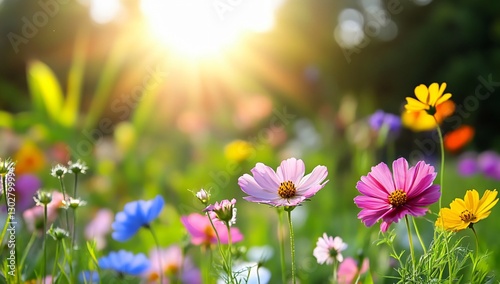 Colorful flowers meadow sunlight