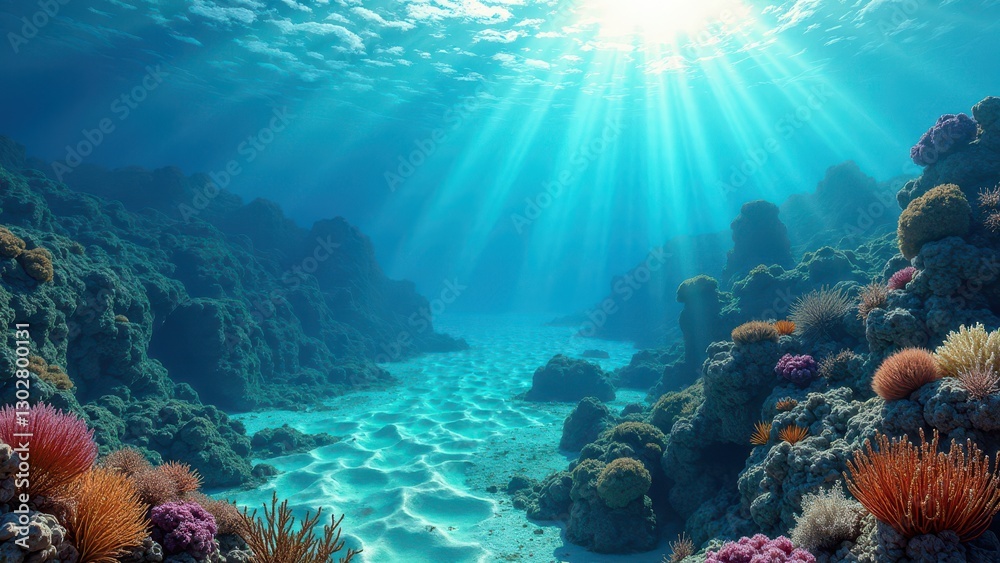 Naklejka premium Sunlit underwater view of a coral reef showing signs of bleaching and decay 