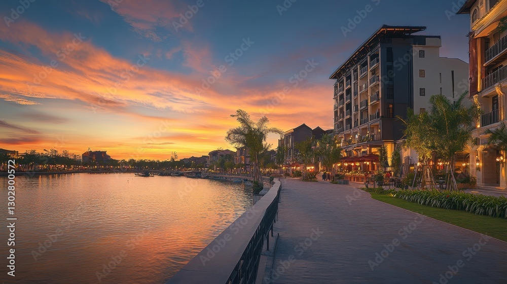 Fototapeta premium Enchanting Hoi An: A Picturesque Town Under a Stunning Sunset Sky