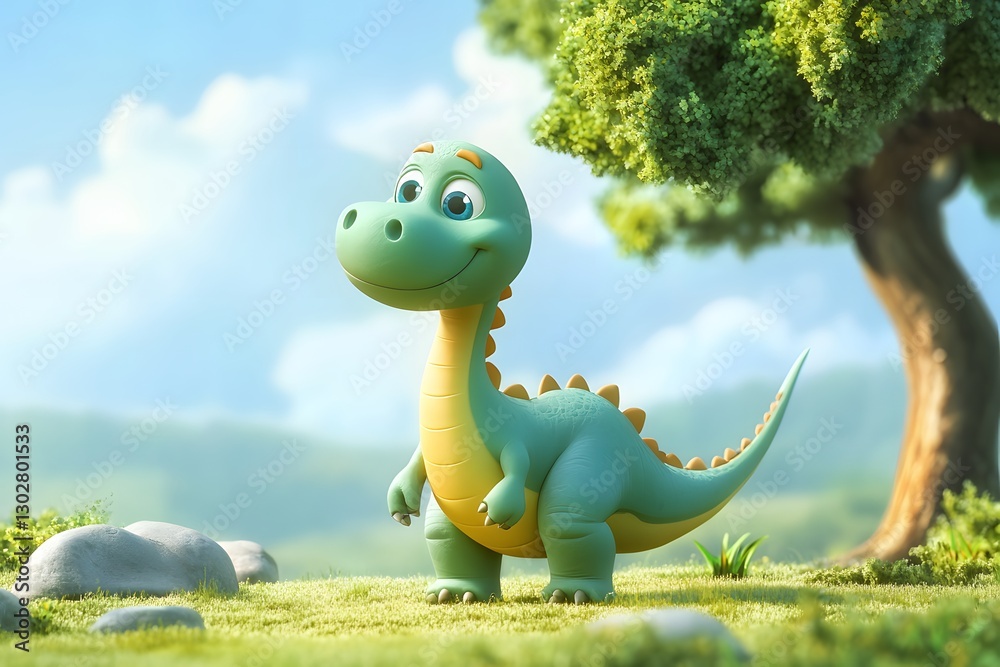 Fototapeta premium Cute Cartoon Dinosaur Character Standing in a Lush Green Landscape