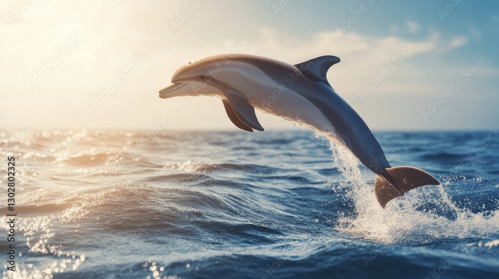 Fototapeta premium Dolphin Jumping Over Ocean Waves Under Bright Sunset Sky